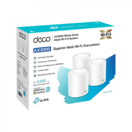 Whole Home Mesh Wi-Fi 6 System | Deco X50 (3-pack) | 802.11ax | 574+2402 Mbit/s | Ethernet LAN (RJ-45) ports 3 | Mesh Support Yes | MU-MiMO Yes | No mobile broadband | Antenna type Internal