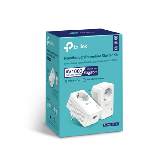 TP-LINK | AV1000 Gigabit Passthrough Powerline Adapter | TL-PA7017P | 1000 Mbit/s | Ethernet LAN (RJ-45) ports 1 | No Wi-Fi | Extra socket