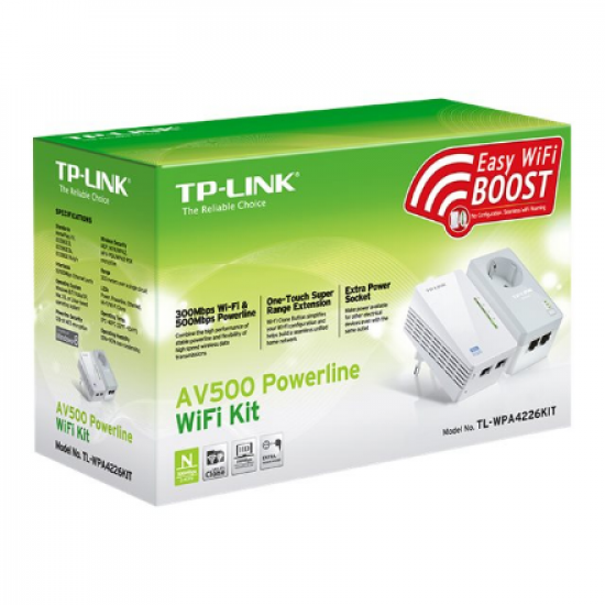 TP-LINK | AV600 Powerline Wi-Fi Kit | TL-WPA4226 KIT | 10/100 Mbit/s | Ethernet LAN (RJ-45) ports 4 | 802.11n | Wi-Fi data rate (max) 300 Mbit/s | Data transfer rate (max) 600 Mbit/s | Extra socket