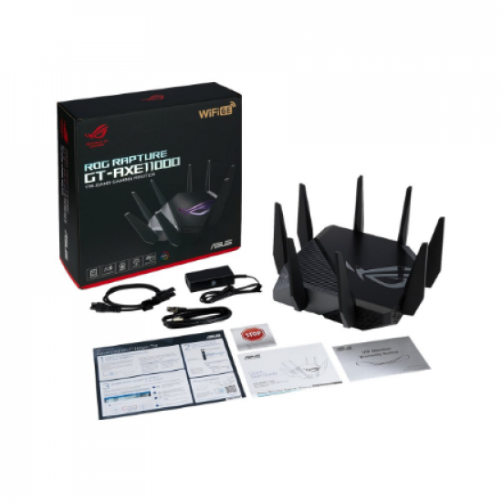 Wi-Fi 6 Tri-Band Gigabit Gaming Router | ROG GT-AXE11000 Rapture | 802.11ax | 1148+4804+4804 Mbit/s | 10/100/1000/2500 Mbit/s | Ethernet LAN (RJ-45) ports 5 | Mesh Support Yes | MU-MiMO Yes | No mobile broadband | Antenna type External | 2xUSB 3.2