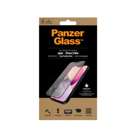 PanzerGlass | Screen protector | Apple | iPhone 13 Mini | Glass | Black | Anti blue light glass; Antibacterial glass; Protects the entire screen; Crystal clear; 100% touch; Resistant to scratches; Gentle on the eyes; Shock-absorbing | Case friendly