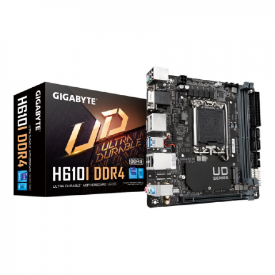 Gigabyte | H610I DDR4 1.0 M/B | Processor family Intel | Processor socket  LGA1700 | DDR4 DIMM | Memory slots 2 | Supported hard disk drive interfaces 	SATA, M.2 | Number of SATA connectors 4 | Chipset Intel H610 Express | Mini-ITX