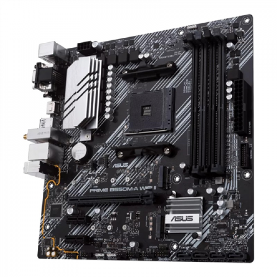 Asus | PRIME B550M-A WIFI II | Processor family AMD | Processor socket AM4 | DDR4 DIMM | Memory slots 4 | Supported hard disk drive interfaces 	SATA, M.2 | Number of SATA connectors 4 | Chipset AMD B550 | microATX