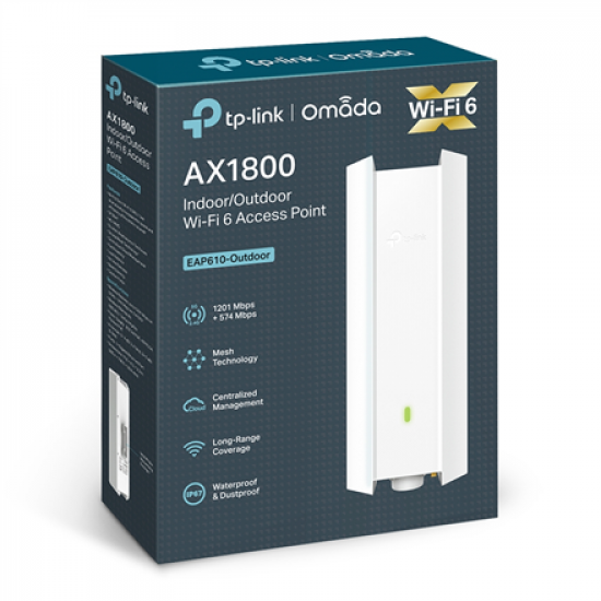 TP-LINK | AX1800 Indoor/Outdoor WiFi 6 Access Point | EAP610-Outdoor | 802.11ax | 2.4 GHz/5 GHz | 1201+574 Mbit/s | 10/100/1000 Mbit/s | Ethernet LAN (RJ-45) ports 1 | MU-MiMO Yes | PoE in | Antenna type Internal