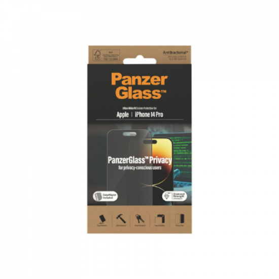 PanzerGlass | Screen protector | Apple | iPhone 14 Pro | Glass | Black | Ultra-Wide Fit; Easy installation; Privacy Filter; Fingerprint resistant | Privacy