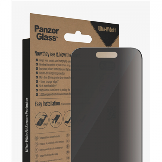 PanzerGlass | Screen protector | Apple | iPhone 14 Pro | Glass | Black | Ultra-Wide Fit; Easy installation; Privacy Filter; Fingerprint resistant | Privacy