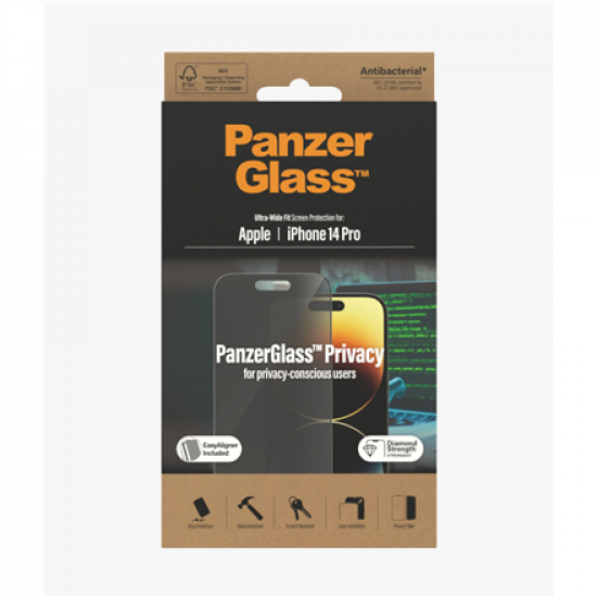 PanzerGlass | Screen protector | Apple | iPhone 14 Pro | Glass | Black | Ultra-Wide Fit; Easy installation; Privacy Filter; Fingerprint resistant | Privacy
