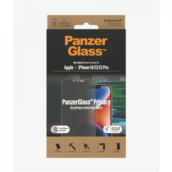 PanzerGlass | Screen protector | Apple | iPhone 14/13/13 Pro | Glass | Black | Ultra-Wide Fit; Easy installation; Privacy Filter; Fingerprint resistant | Privacy