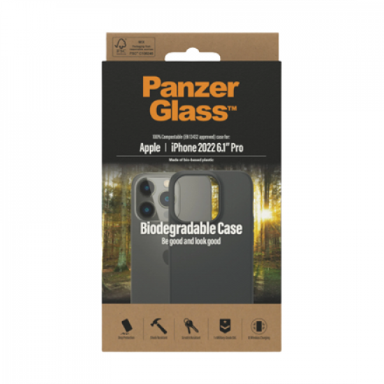 PanzerGlass | Biodegradable Case | Back protection | Apple | iPhone 14 Pro | Bio-based plastic | Black | Wireless charging compatible; Military Grade Standard; 100% compostable