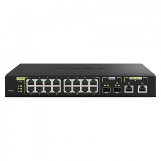 QNAP | 16 ports 2.5GbE RJ45 with PoE 802.3at (30W), 2 ports 10GbE SFP+, 2 ports 10GbE RJ45 with PoE 802.3bt (90W) | QSW-M2116P-2T2S | Web managed | Rackmountable | Power supply type Internal