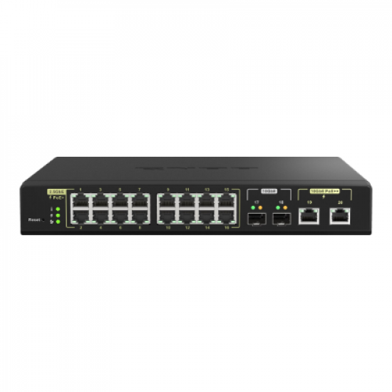 QNAP | 16 ports 2.5GbE RJ45 with PoE 802.3at (30W), 2 ports 10GbE SFP+, 2 ports 10GbE RJ45 with PoE 802.3bt (90W) | QSW-M2116P-2T2S | Web managed | Rackmountable | Power supply type Internal
