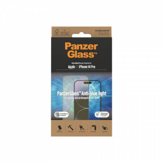 PanzerGlass | Screen protector | Apple | iPhone 14 Pro | Glass | Black | Ultra-Wide Fit; Scratch resistant; Shock resistant; Easy installation; Anti-blue light; Eye protection; Diamond strength; Antibacterial; Fingerprint resistant | Anti-blue Light