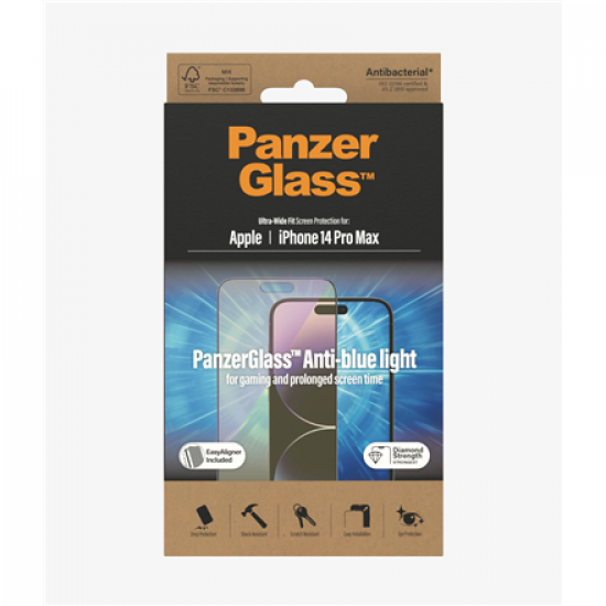 PanzerGlass | Screen protector | Apple | iPhone 14 Pro Max | Glass | Black | Ultra-Wide Fit; Scratch resistant; Shock resistant; Easy installation; Anti-blue light; Eye protection; Diamond strength; Antibacterial; Fingerprint resistant | Anti-blue Light