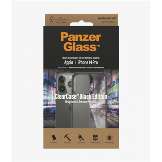 PanzerGlass | ClearCase with Black Frame | Case | Apple | iPhone 14 Pro | Black | Military grade standard; Scratch resistant; Shock resistant; Antibacterial; 100% recycled frame material