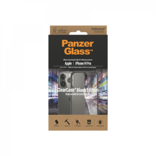 PanzerGlass | ClearCase with Black Frame | Case | Apple | iPhone 14 Pro | Black | Military grade standard; Scratch resistant; Shock resistant; Antibacterial; 100% recycled frame material