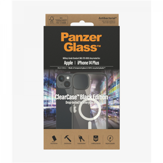 PanzerGlass | ClearCase with Black Frame MagSafe Compatible | Apple | iPhone 14 Plus | Clear | MagSafe compatible; Military Grade Standard; 100% recycled frame material