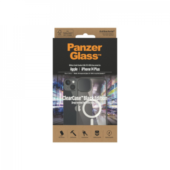 PanzerGlass | ClearCase with Black Frame MagSafe Compatible | Apple | iPhone 14 Plus | Clear | MagSafe compatible; Military Grade Standard; 100% recycled frame material
