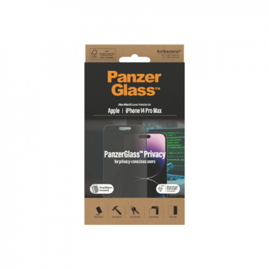 PanzerGlass | Screen protector | Apple | iPhone 14 Pro Max | Tempered glass | Black | Ultra-Wide Fit; Diamond strength; Fingerprint resistant, Privacy Filter