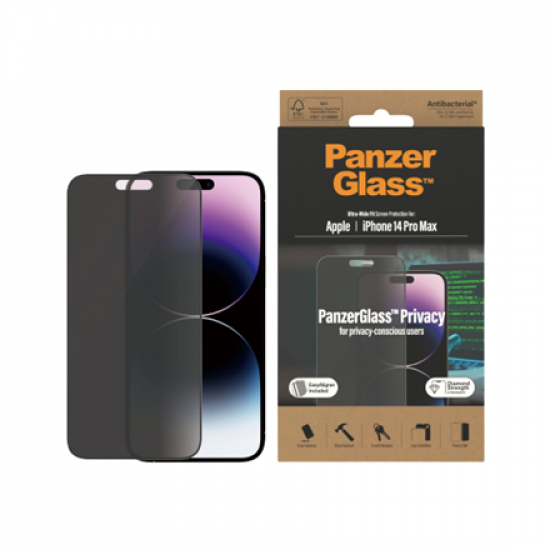 PanzerGlass | Screen protector | Apple | iPhone 14 Pro Max | Tempered glass | Black | Ultra-Wide Fit; Diamond strength; Fingerprint resistant, Privacy Filter