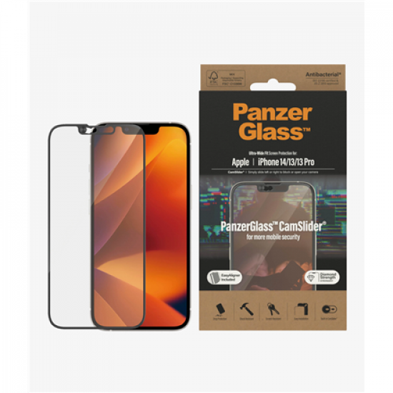 PanzerGlass | CamSlider | Apple | iPhone 14/13/13 Pro | Tempered glass | Clear | Protects the entire screen; 100% touch; Easy to install | Screen protector