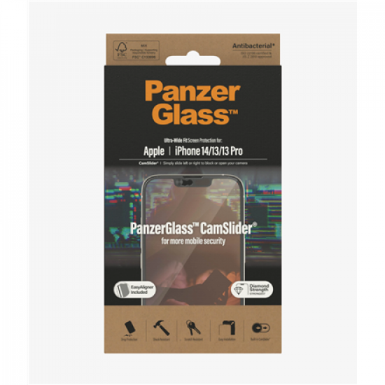 PanzerGlass | CamSlider | Apple | iPhone 14/13/13 Pro | Tempered glass | Clear | Protects the entire screen; 100% touch; Easy to install | Screen protector