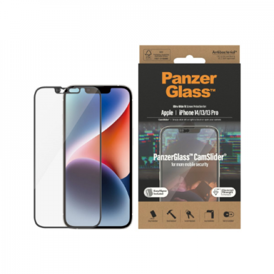 PanzerGlass | CamSlider | Apple | iPhone 14/13/13 Pro | Tempered glass | Clear | Protects the entire screen; 100% touch; Easy to install | Screen protector