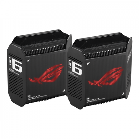 Wifi 6 802.11ax Tri-band Gigabit Gaming Mesh System | GT6 ROG Rapture (2-Pack) | 802.11ax | 574+4804+4804 Mbit/s | 10/100/1000 Mbit/s | Ethernet LAN (RJ-45) ports 3 | Mesh Support Yes | MU-MiMO Yes | No mobile broadband | Antenna type Internal