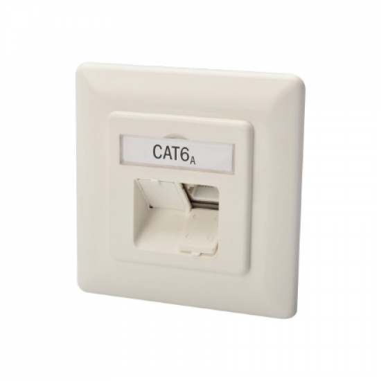 Digitus CAT 6A Class EA network outlet,shielded,2xRJ45,LSA pure white, flush mount, horizontal cable install. | CAT 6A Class EA network outlet, shielded