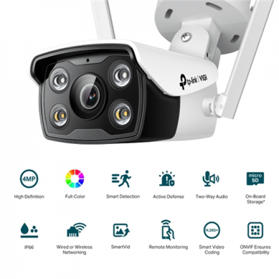 TP-LINK | VIGI 4MP Outdoor Full-Color Wi-Fi Network Camera | VIGI C340-W | Bullet | 4 MP | 4 mm | IP66 | H.265+/H.265/H.264+/H.264 | MicroSD