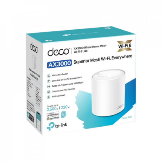 AX3000 Whole Home Mesh WiFi 6 Unit | Deco X50 (1-pack) | 802.11ax | 574+2402 Mbit/s | Ethernet LAN (RJ-45) ports 3 | Mesh Support Yes | MU-MiMO Yes | No mobile broadband | Antenna type Internal
