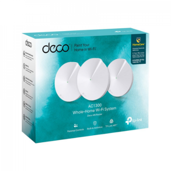 AC1300 Whole Home Mesh Wi-Fi System | Deco M5 (3-pack) | 802.11ac | 867+400 Mbit/s | 10/100/1000 Mbit/s | Ethernet LAN (RJ-45) ports 2 | Mesh Support Yes | MU-MiMO Yes | No mobile broadband | Antenna type 4xInternal per Deco uni