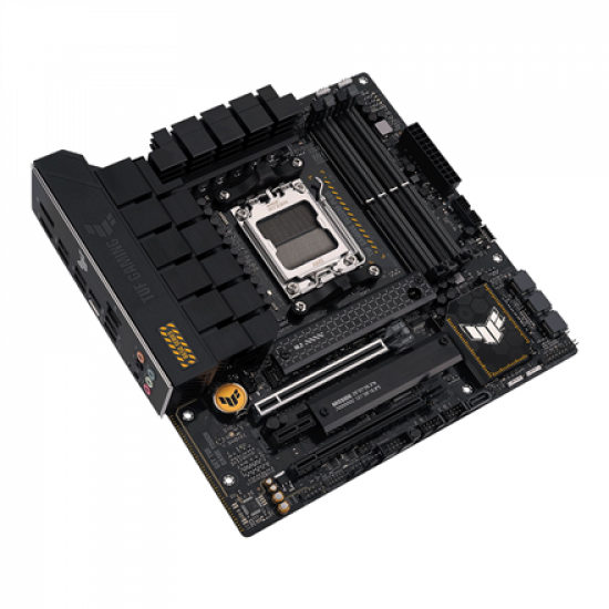 Asus | TUF GAMING B650M-PLUS | Processor family AMD | Processor socket  AM5 | DDR5 DIMM | Memory slots 4 | Supported hard disk drive interfaces 	SATA, M.2 | Number of SATA connectors 4 | Chipset AMD B650 | micro-ATX