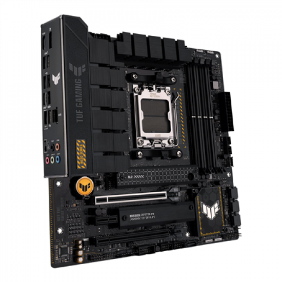 Asus | TUF GAMING B650M-PLUS | Processor family AMD | Processor socket  AM5 | DDR5 DIMM | Memory slots 4 | Supported hard disk drive interfaces 	SATA, M.2 | Number of SATA connectors 4 | Chipset AMD B650 | micro-ATX