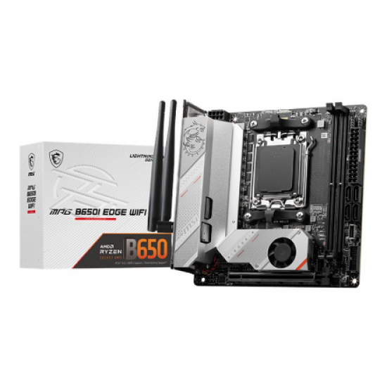 MSI | MPG B650I EDGE WIFI | Processor family AMD | Processor socket AM5 | DDR5 DIMM | Memory slots 2 | Supported hard disk drive interfaces 	SATA, M.2 | Number of SATA connectors 4 | Chipset AMD B650 | Mini-ITX