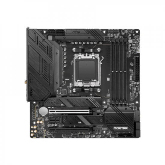 MSI | MAG B650M MORTAR WIFI | Processor family AMD | Processor socket AM5 | DDR5 DIMM | Memory slots 4 | Supported hard disk drive interfaces 	SATA, M.2 | Number of SATA connectors 6 | Chipset 	AMD B650 | mATX