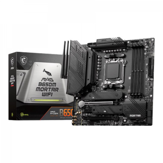 MSI | MAG B650M MORTAR WIFI | Processor family AMD | Processor socket AM5 | DDR5 DIMM | Memory slots 4 | Supported hard disk drive interfaces 	SATA, M.2 | Number of SATA connectors 6 | Chipset 	AMD B650 | mATX