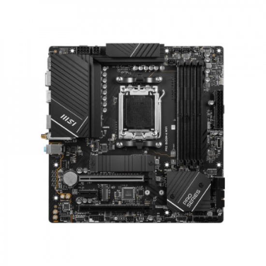 MSI | PRO B650M-A WIFI | Processor family AMD | Processor socket AM5 | DDR5 DIMM | Memory slots 4 | Supported hard disk drive interfaces 	SATA, M.2 | Number of SATA connectors 4 | Chipset AMD B650 | mATX