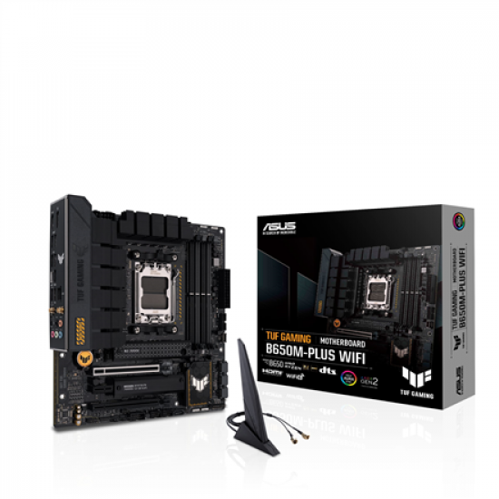 Asus | TUF GAMING B650M-PLUS WIFI | Processor family AMD | Processor socket AM5 | DDR5 DIMM | Memory slots 4 | Supported hard disk drive interfaces 	SATA, M.2 | Number of SATA connectors 4 | Chipset AMD B650 | micro-ATX