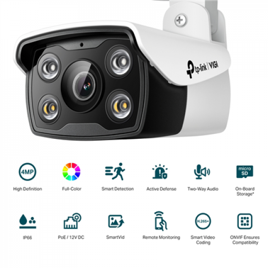 TP-LINK | VIGI 4MP Outdoor Full-Color Network Camera | VIGI C340 | Bullet | 4 MP | 4 mm | IP66 | H.265+/H.265/H.264+/H.264 | MicroSD