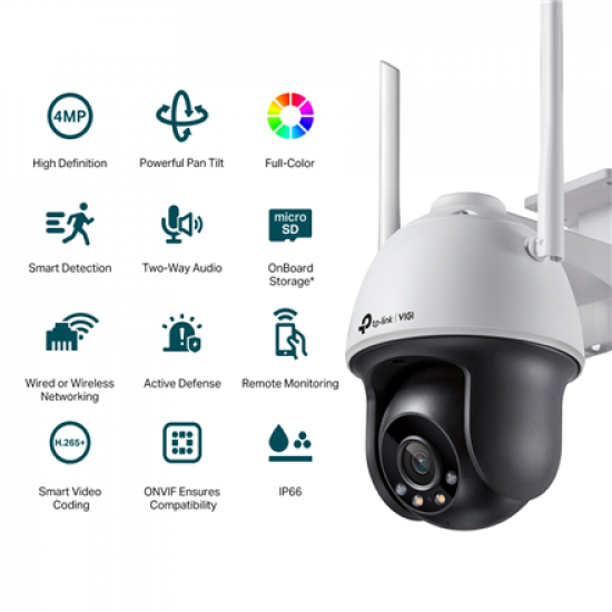 TP-LINK | VIGI 4MP Outdoor Full-Color Wi-Fi Pan Tilt Network Camera | VIGI C540-W | Dome | 4 MP | 4 mm | IP66 | H.265+/H.265/H.264+/H.264 | MicroSD