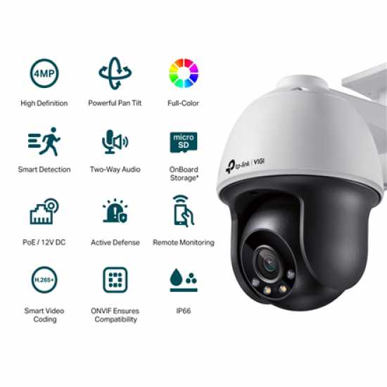 TP-LINK | VIGI 4MP Outdoor Full-Color Pan Tilt Network Camera | VIGI C540 | Dome | 4 MP | 4 mm | IP66 | H.265+/H.265/H.264+/H.264 | MicroSD