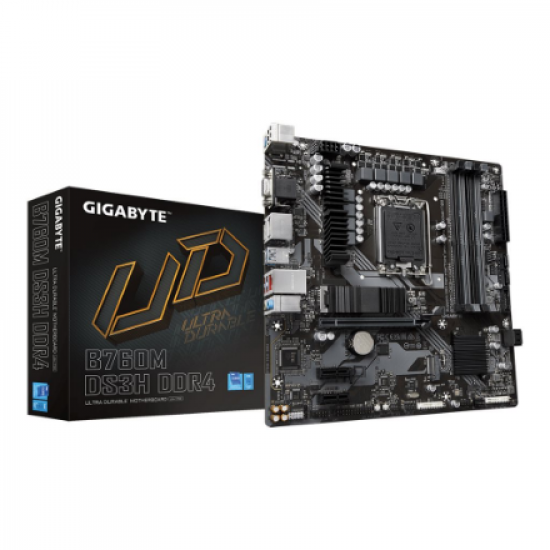 Gigabyte | B760M DS3H DDR4 1.0 M/B | Processor family Intel | Processor socket  LGA1700 | DDR4 DIMM | Memory slots 4 | Supported hard disk drive interfaces 	SATA, M.2 | Number of SATA connectors 4 | Chipset Intel B760 Express | Micro ATX