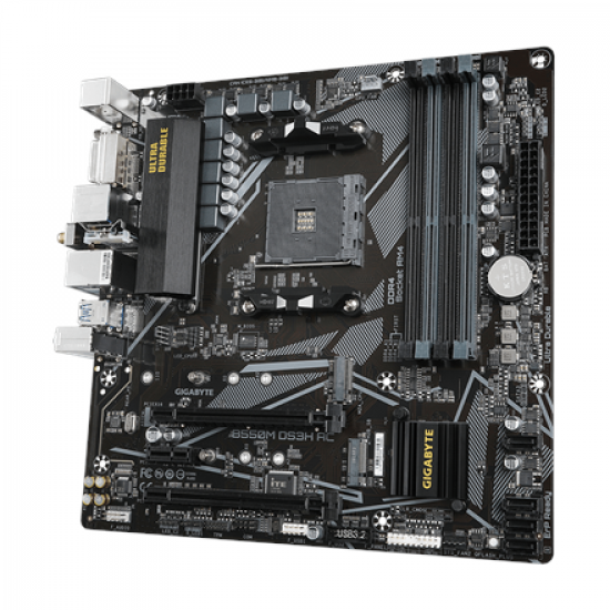 Gigabyte | B550M DS3H AC 1.0/1.1/1.2/1.3/1.5 M/B | Processor family AMD | Processor socket AM4 | DDR4 DIMM | Memory slots 4 | Supported hard disk drive interfaces SATA, M.2 | Number of SATA connectors 4 | Chipset AMD B550 | Micro ATX