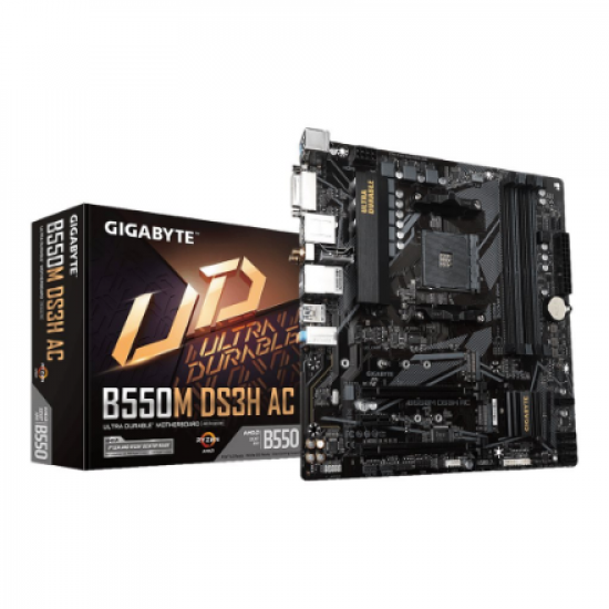Gigabyte | B550M DS3H AC 1.0/1.1/1.2/1.3/1.5 M/B | Processor family AMD | Processor socket AM4 | DDR4 DIMM | Memory slots 4 | Supported hard disk drive interfaces SATA, M.2 | Number of SATA connectors 4 | Chipset AMD B550 | Micro ATX