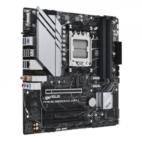 Asus | PRIME B650M-A WIFI II | Processor family AMD | Processor socket AM5 | DDR5 DIMM | Memory slots 4 | Supported hard disk drive interfaces 	SATA, M.2 | Number of SATA connectors 4 | Chipset  AMD B650 | mATX
