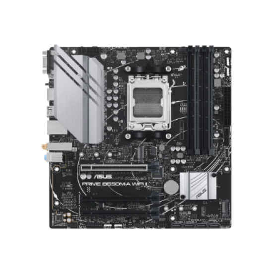 Asus | PRIME B650M-A WIFI II | Processor family AMD | Processor socket AM5 | DDR5 DIMM | Memory slots 4 | Supported hard disk drive interfaces 	SATA, M.2 | Number of SATA connectors 4 | Chipset  AMD B650 | mATX