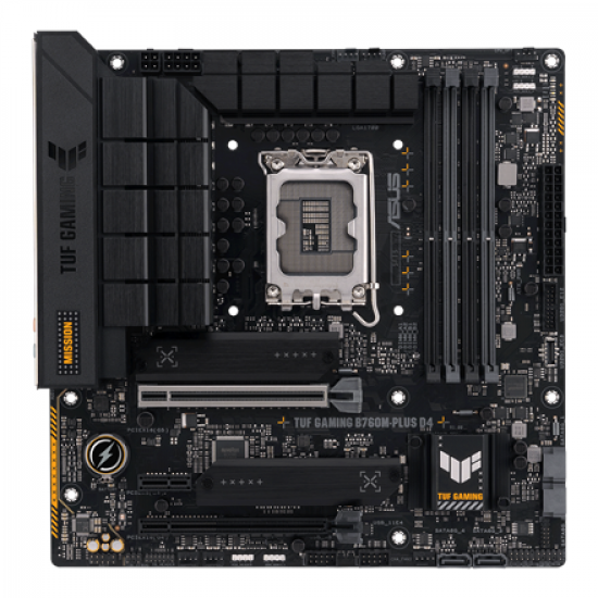 Asus | TUF GAMING B760M-PLUS D4 | Processor family Intel | Processor socket  LGA1700 | DDR4 DIMM | Memory slots 4 | Supported hard disk drive interfaces 	SATA, M.2 | Number of SATA connectors 4 | Chipset  Intel B760 | mATX