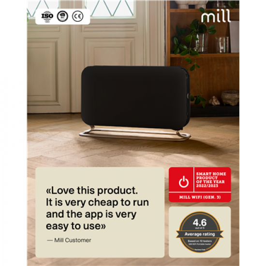 Mill CO1200WIFI3BLACK GEN3 Convection Heater, 1200W, Steel fronts, LED display, Black | Mill | Heater | CO1200WIFI3BLACK GEN3 | Convection Heater | 1200 W | Black