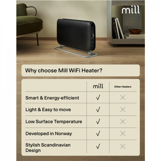 Mill CO1200WIFI3BLACK GEN3 Convection Heater, 1200W, Steel fronts, LED display, Black | Mill | Heater | CO1200WIFI3BLACK GEN3 | Convection Heater | 1200 W | Black