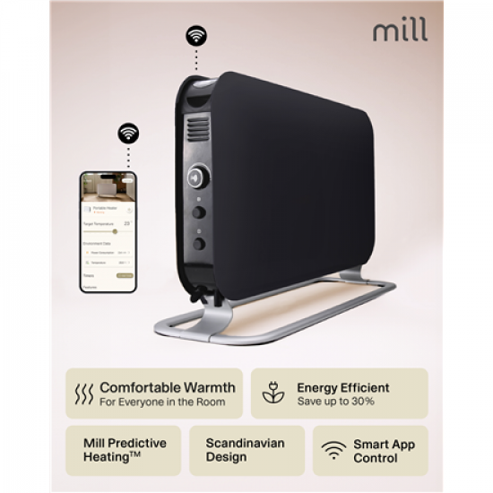 Mill CO1200WIFI3BLACK GEN3 Convection Heater, 1200W, Steel fronts, LED display, Black | Mill | Heater | CO1200WIFI3BLACK GEN3 | Convection Heater | 1200 W | Black